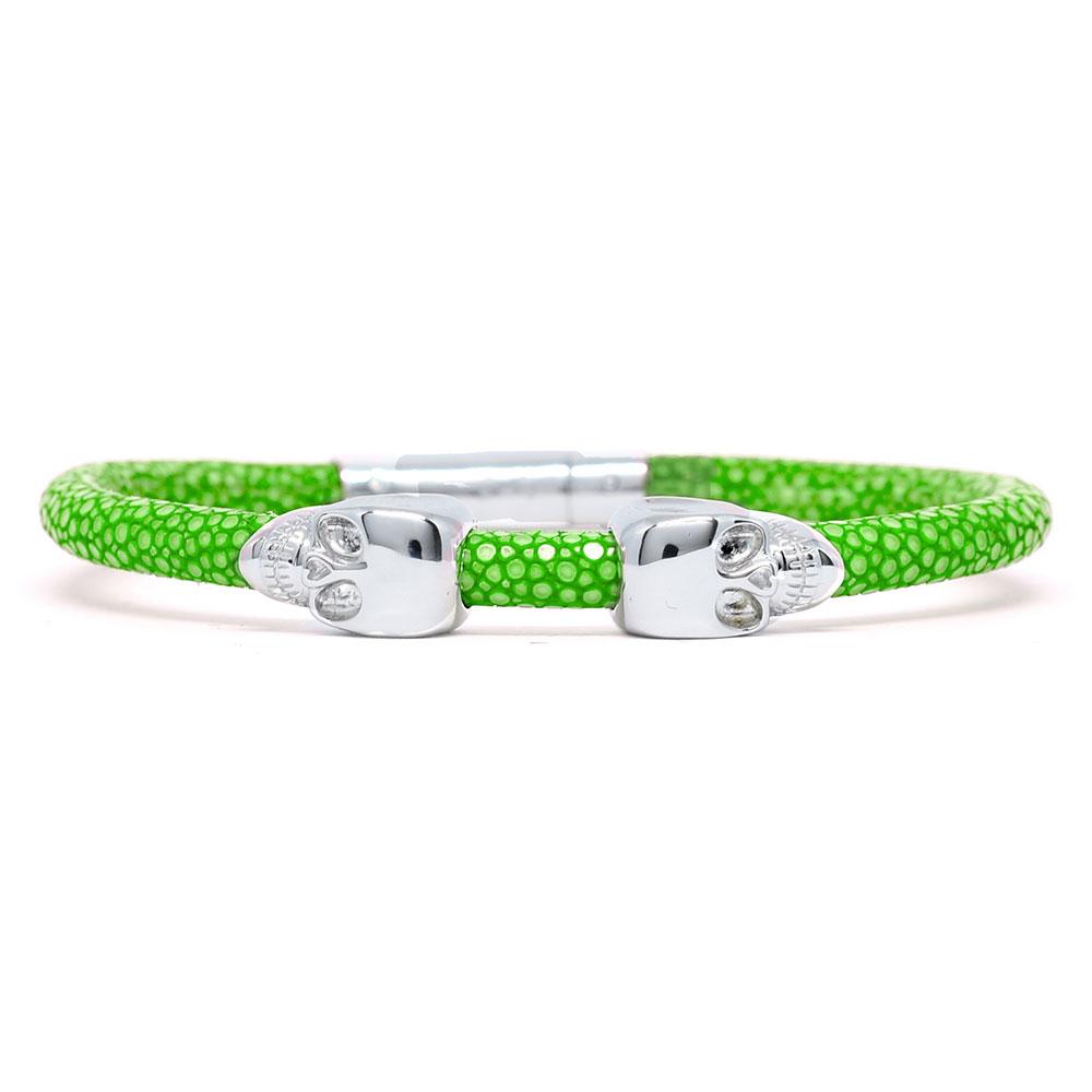 Skull Bracelet | Green | 2 Silver Skulls | Double Bone