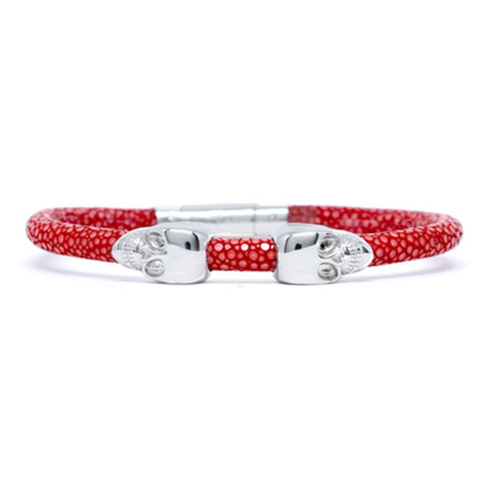 Skull Bracelet | Red | 2 Silver Skulls | Double Bone